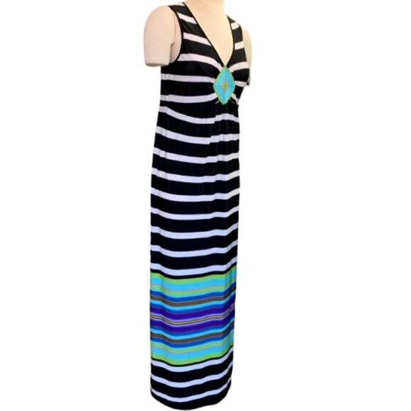One World V-Neck Maxi Dress Stripes & Diamond Pattern Sz M 15G - Picture 2 of 9